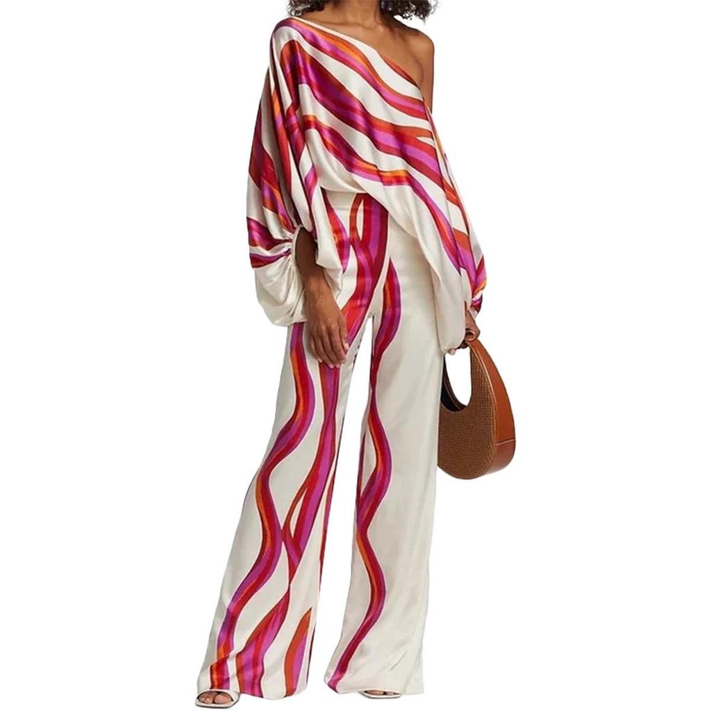 D9713 Women's Casual Satin Print One-Shoulder Top & Long Pants Two-Piece Set