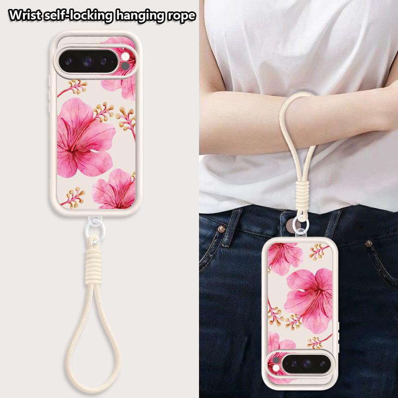 Watercolor Flowers Print Lanyard Case For Google Pixel 10 Pro XL For Google 9A 9 8 7 Pro 8A 7A Shockproof Bumper Wrist Strap Cover