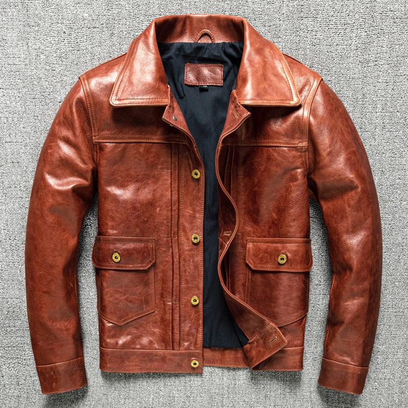 First Layer Cowhide Leather Genuine Leather Jacket for Men's Youth Denim Short Lapel Slim Autumn and Winter Jacket