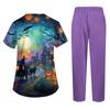 Women's Short Sleeve Uniform Set with Halloween Print, Pocket Top and Pants 2 Piece