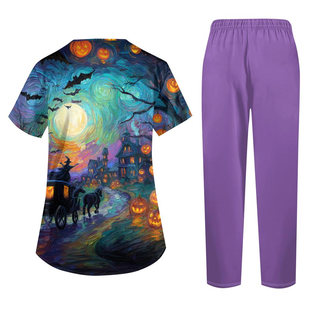 Women's Short Sleeve Uniform Set with Halloween Print, Pocket Top and Pants 2 Piece