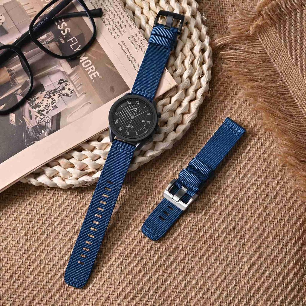 Nylon Watch Military Watch Replacement Fabric Double Strap Nylon Quick Buckle [ANNEFIT] Band, Band, 22mm, Belt, Release, Blue/Black