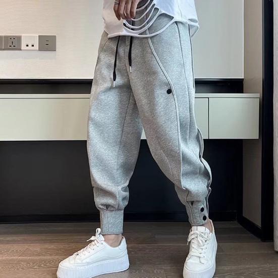 Autumn Men Pants Solid Color All Match Drawstring Elastic Waist Loose Ankle Tied Pants for Daily Wear