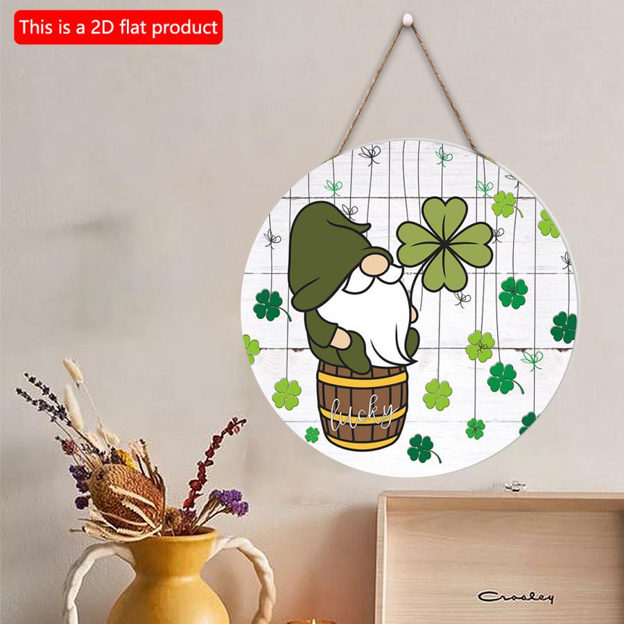 2D Flat 20*20cm1pc St. Patrick's Day Old Elf Dwarf In green&Four-leaf Grass Patterns Lucky Wooden Hanging Decoration, Front Door Vintage Welcome Plaqu