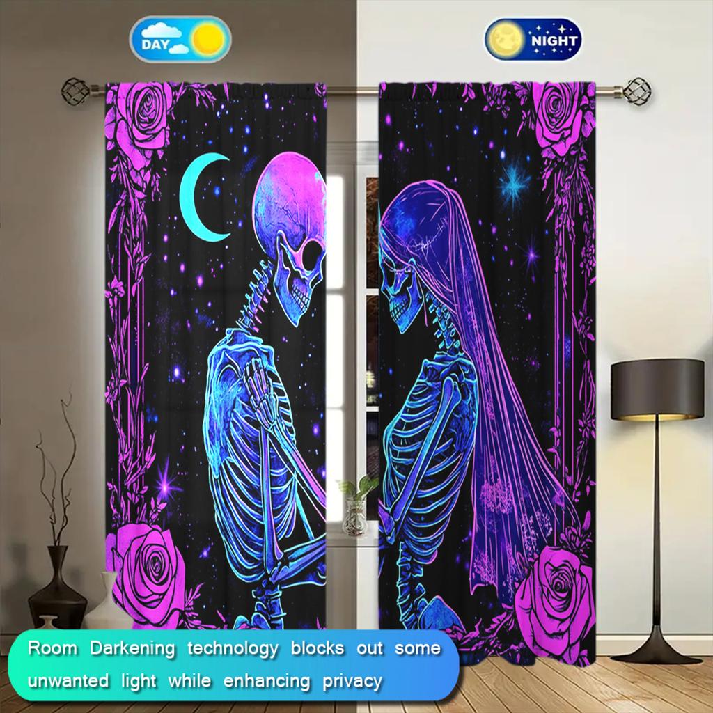 2pcs Brilliant Rose Skull Printed Curtain for Halloween Home Decor - Rod Pocket Window Treatment for Bedroom, Office, Kitchen