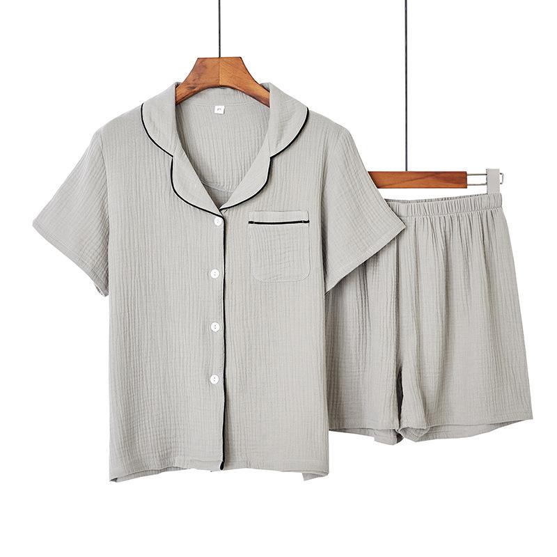 Lente en zomer nieuwe geplooide katoenen losse, zoete en schattige effen kleur revers V-hals eenvoudige korte mouwen shorts huispak L