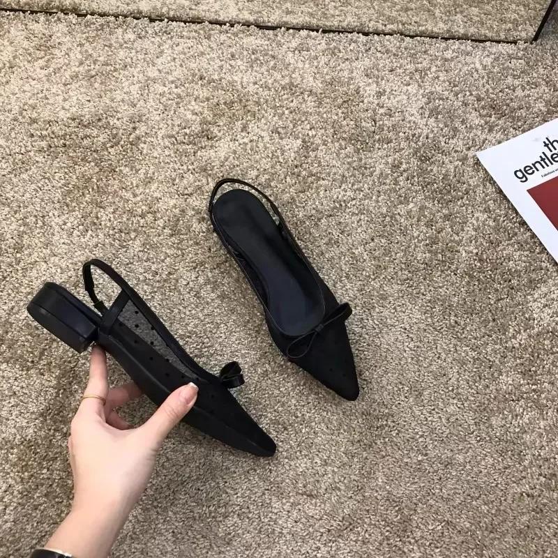 Fashion Elegant Woman Shoes 2025 Closed Toe Women's Sandals Fashion Pointed Toe Women Low Heel Slip on Bow Tie Polka Dot Shallow Sandal