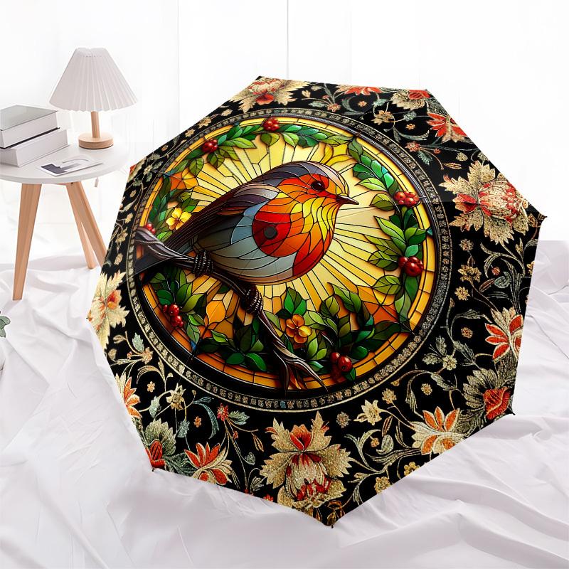 Color Retro BirdThemed Automatic Opening and Closing Umbrella - 8 Ribs, Suitable for Leisure and Going Out, Outdoor Accessory, Gothic Style,