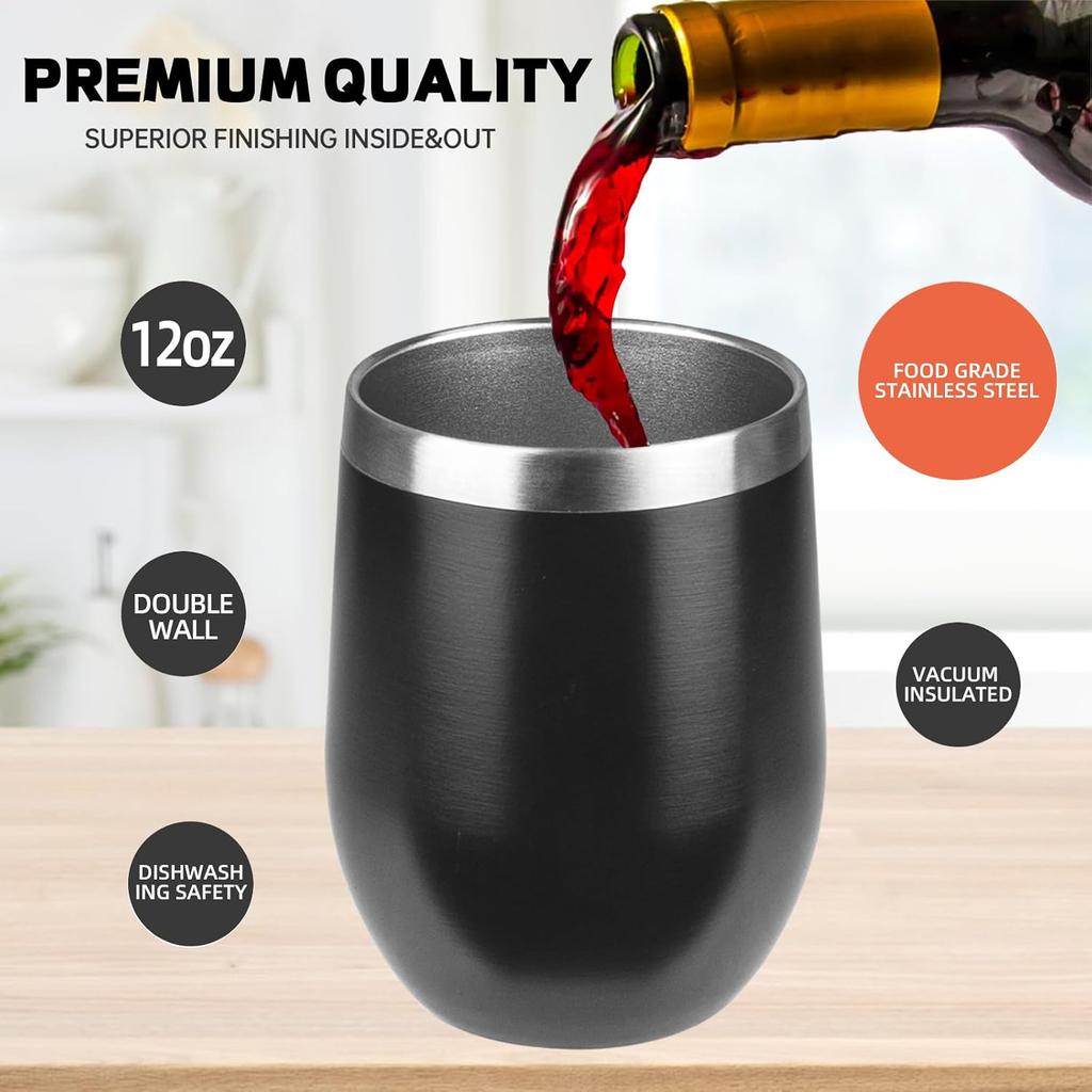 12oz Wine Tumbler with Lid, Stainless Steel Travel Mugs Stemless Double Wall Insulated Coffee Cup, Insulated Wine Glasses Travel