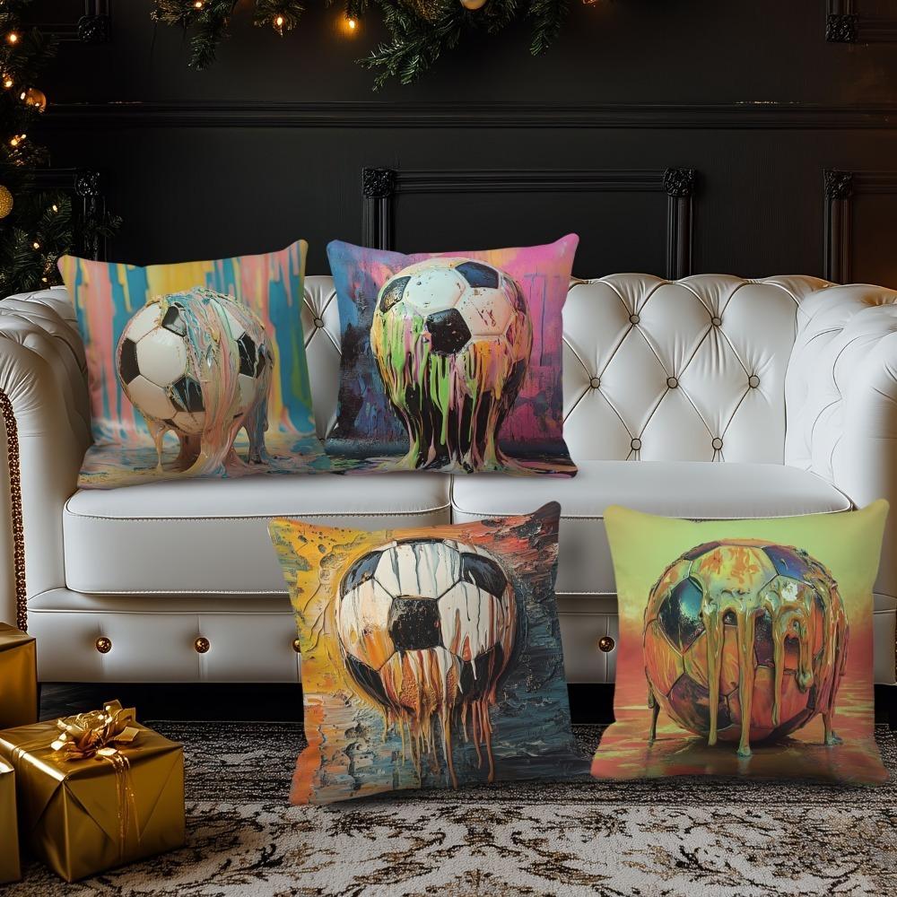 4Pcs Double-Sided Printed Throw Pillow Covers, Colorful Melting Football Print Cushion Cases, Artistic Sporty Home Decor
