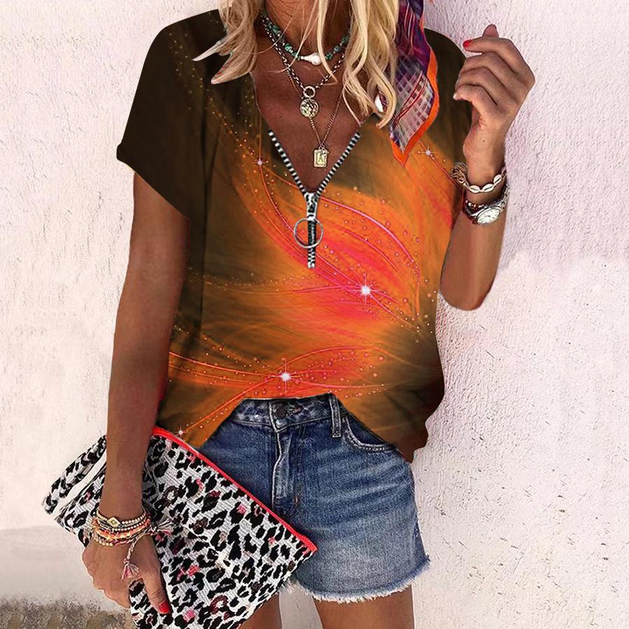 Dame Topp Sommer Ny Mote Rose Blomst Blått Mønster Trykt Casual Glidelås V-hals Kort Erm Topp