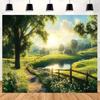 2D Sunrise Farm Backdrop Green Pastoral Landscape Photography Background