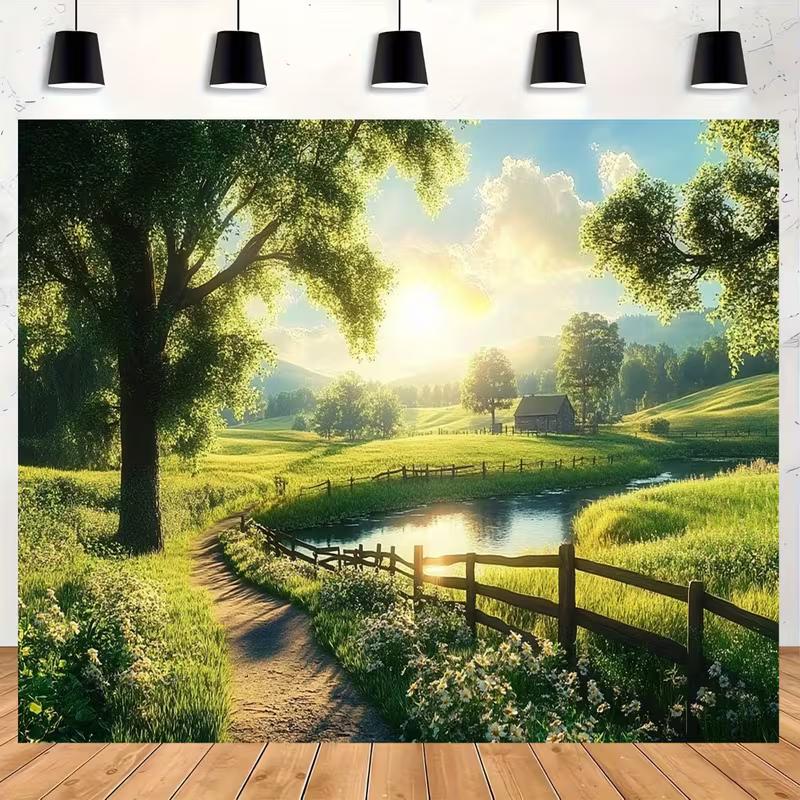 2D Sunrise Farm Backdrop Green Pastoral Landscape Photography Background