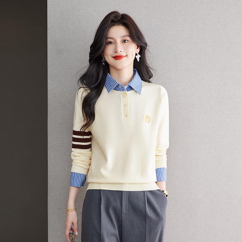 2025 Autumn Fashion Women's Faux Two-Piece Knitted Sweater - Versatile and Stylish Top