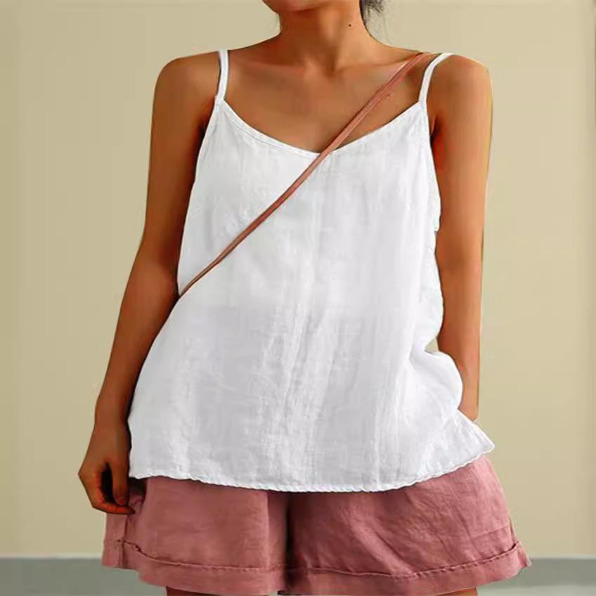 

Женский летний топ из хлопка и льна на тонких бретелях, топ с v-образным вырезом без рукавов, свободный женский жилет, сексуальная блузка на бретельках, верхняя женская одежда M белый