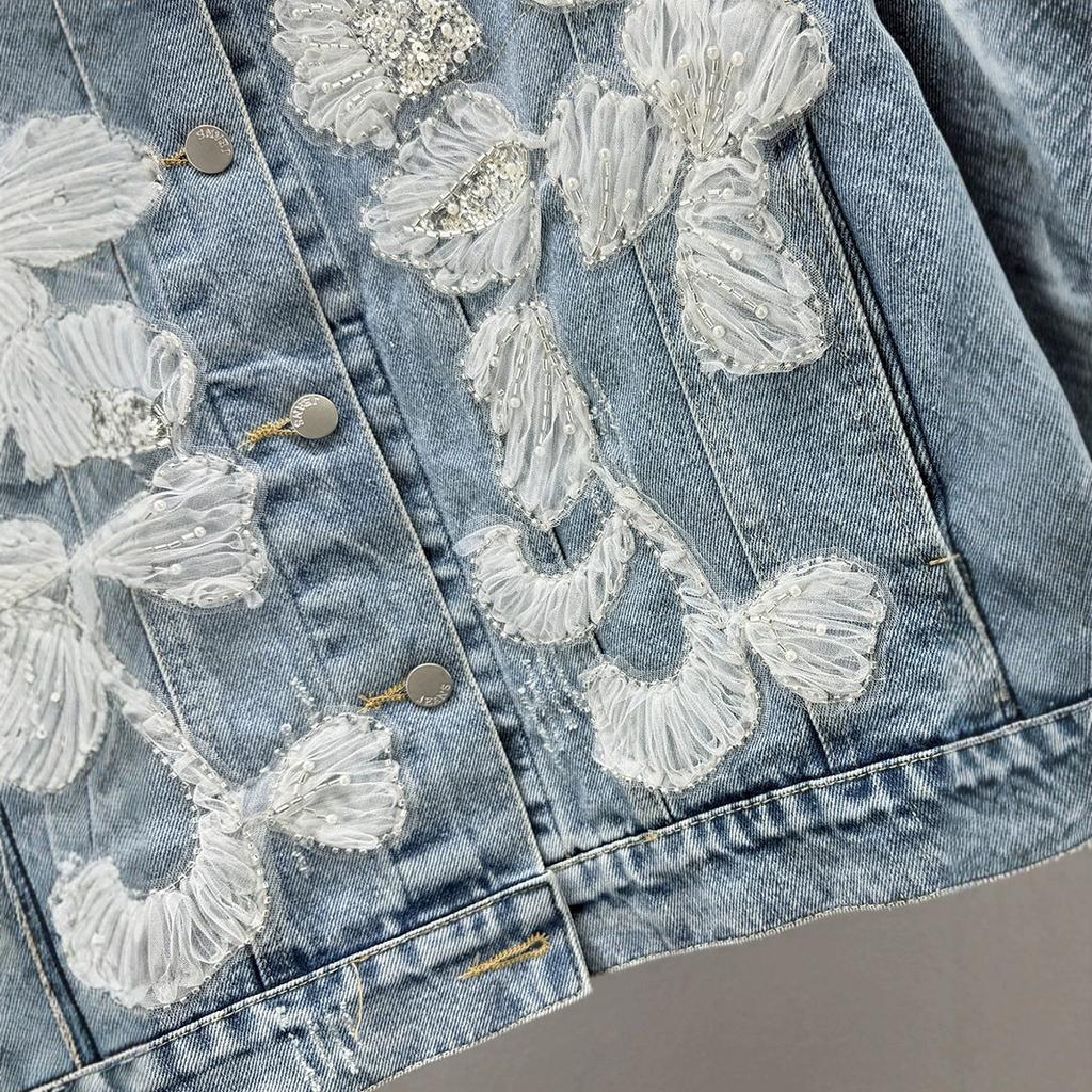 European Station Spring New Heavy Industry Beaded Denim Jacket Women's Loose and Thin Sequined Long-sleeved Top Trendy Brand
