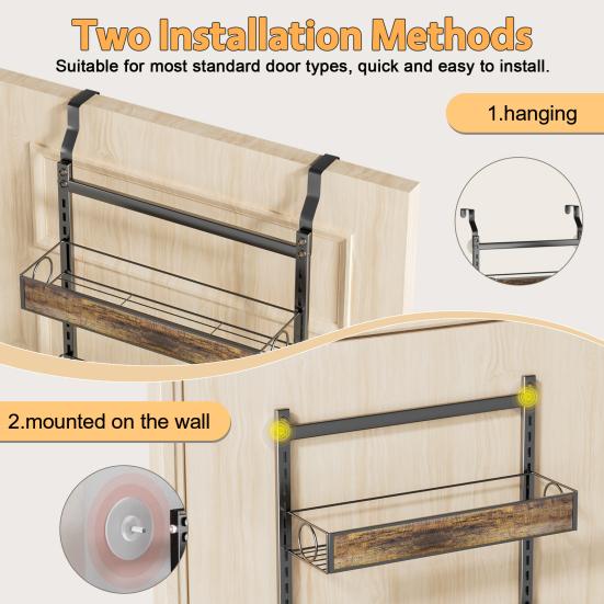 2 In 1 Over The Door Pantry Organizer, Wall Mounted Spice Rack, 6/8 Layer Design Spice Cabinet, Pantry Door Seasoning Shelves with Adjustable Basket