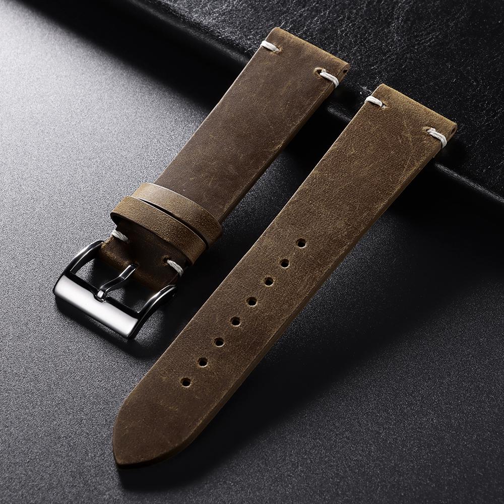 

Винтажный ремешок для часов из телячьей кожи, 18 мм, 20 мм, 21 мм, 22 мм, ручная прошивка, для Omega и Seiko, мужской, коричнево-черный. 21mm&Silver Buckle темно-коричневого
