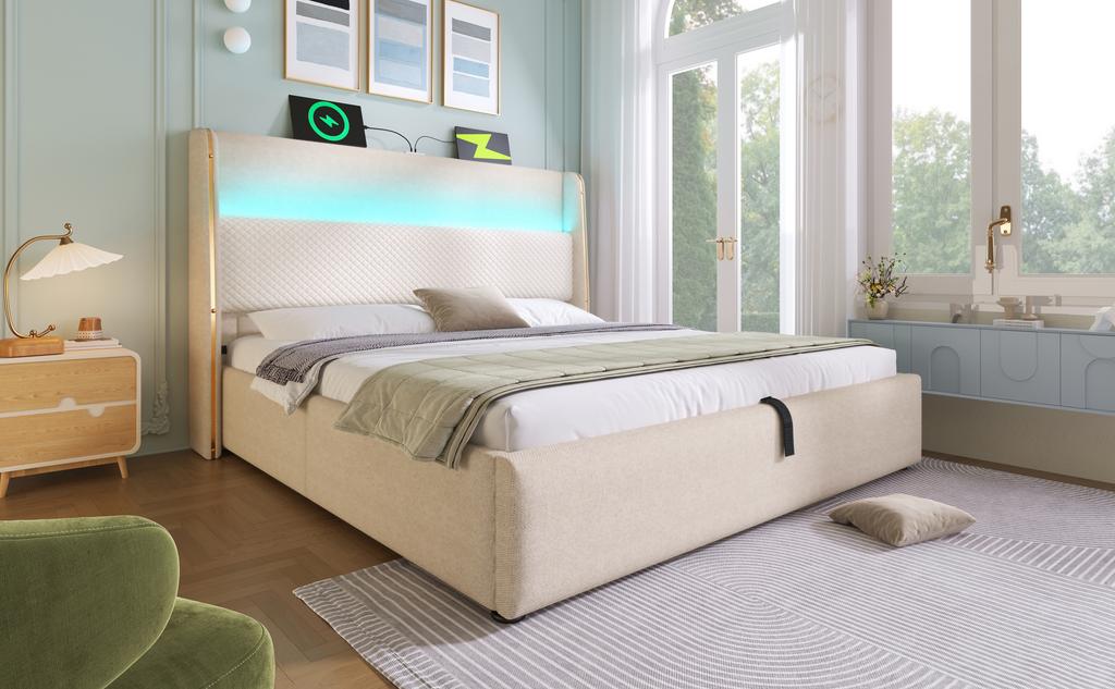 Modern Hydraulic Bed with High Headboard, 140x200cm Double Bed with LED Lighting, Storage & USB/Type-C Ports, in Linen-Look Beige (With Mattress)