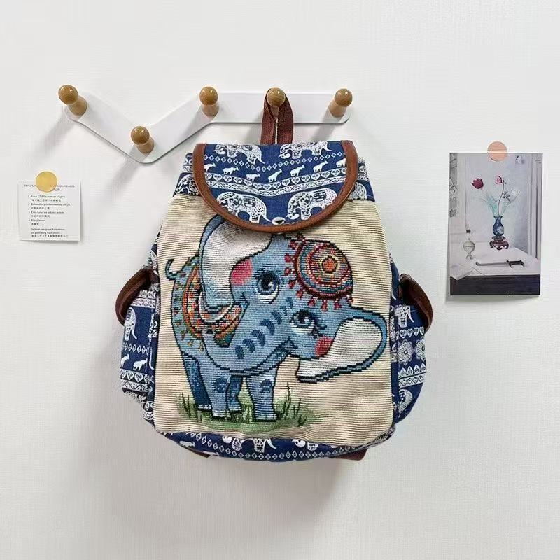 Fashion Ethnic Style Embroidery Knapsack Casual Canvas Animal Drawstring Backbag Jacquard Elephant Owl Bucket Back Bag Beach