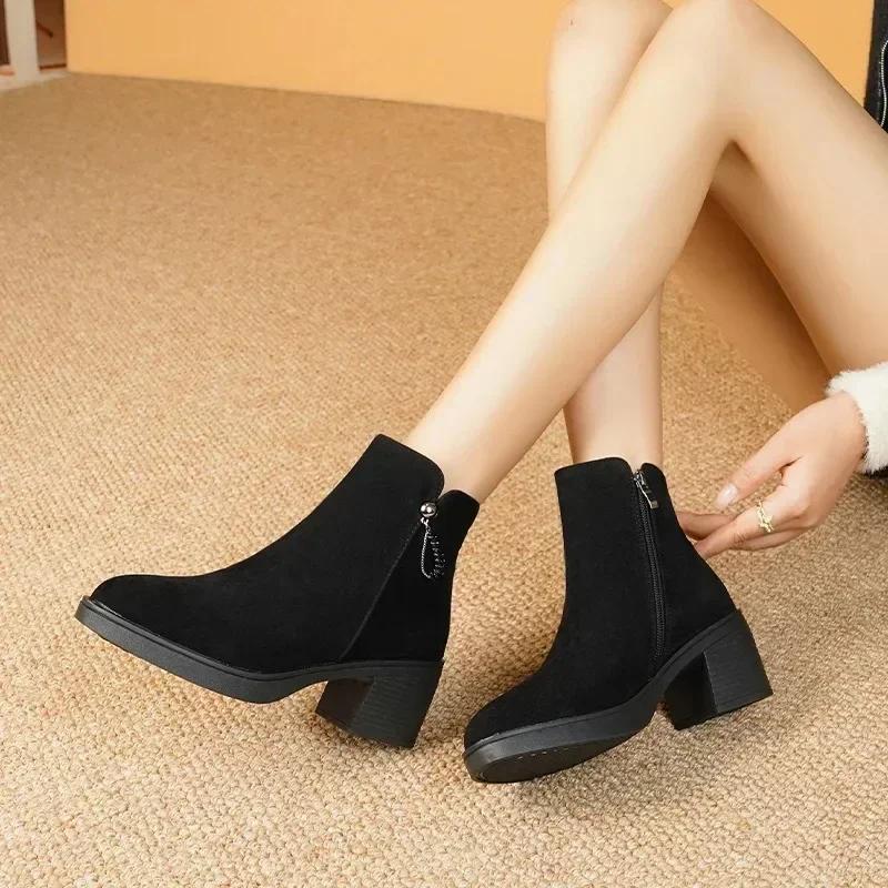 Fashion 2025 New Fall-Winter Fashion Solid Color Ankle Boots Round Toe Square Heel Side Zipper Solid Color Casual Boots Keep Warm 35-41