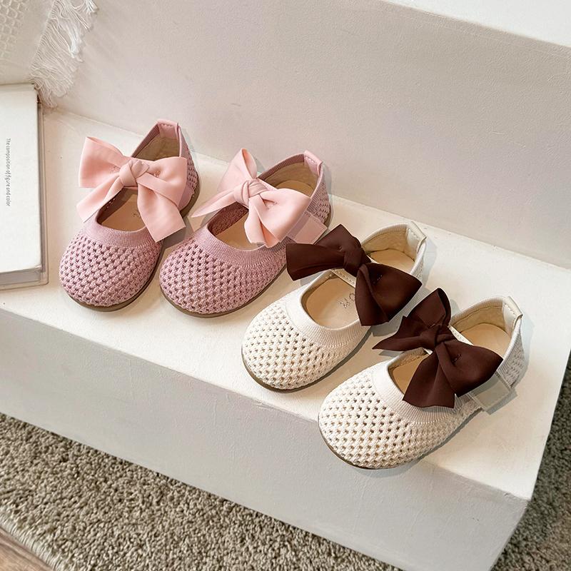 Girls' Sandals Summer New Knitted Mesh Breathable Princess Shoes Butterfly Bow Baotou Hollow Soft Bottom Single Shoe