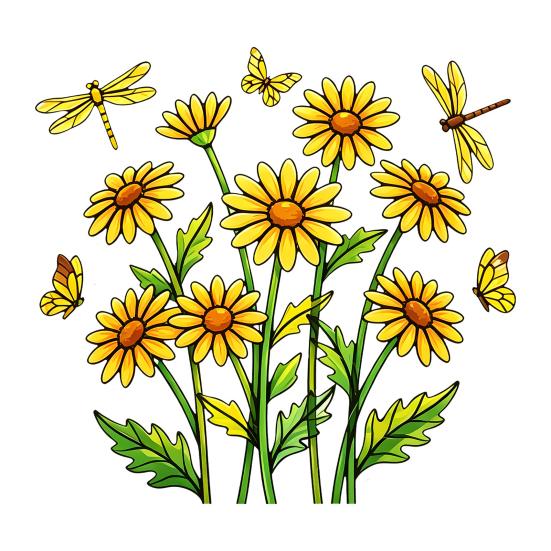 Spring Flower Window Cling Yellow Wildflowers Butterflies Dragonflies Window Sticker