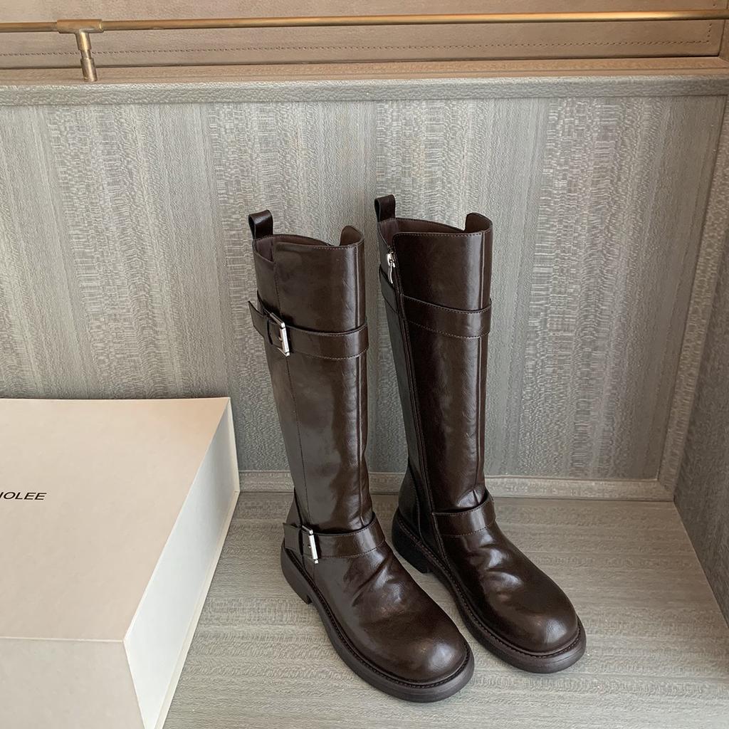 Grape mother leather heightening 4cm retro old locomotive short boots double buckle belt side zipper thick-soled knight boots women