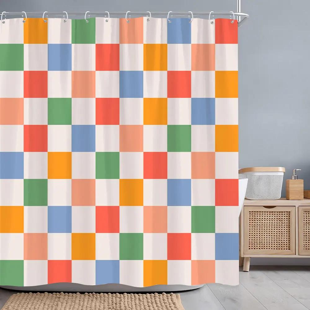 Abstract Geometric Line Square Graphic Shower Curtain Colourful Grid Polyester Fabric Shower Curtains Bathroom Decor with Hooks