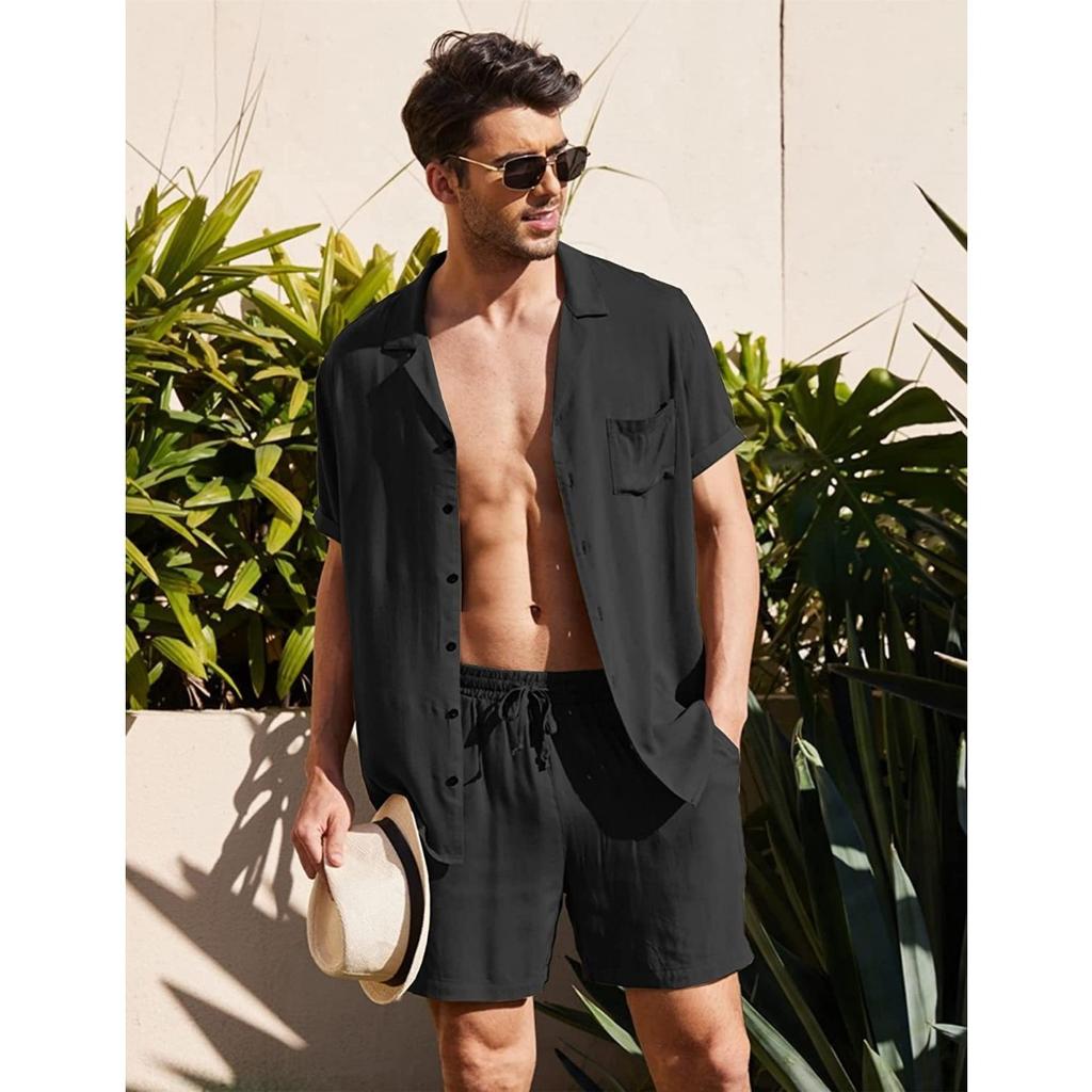 Cross-border Summer Sports Short-sleeved Shorts Set Linen Loose Casual Men's Shirt Set