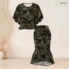 Women Plus Size Two Piece Set Round Neck Batwing Sleeve Ruffle Hem Top Fishtail Skirt Skull Rose Printed Black Teal