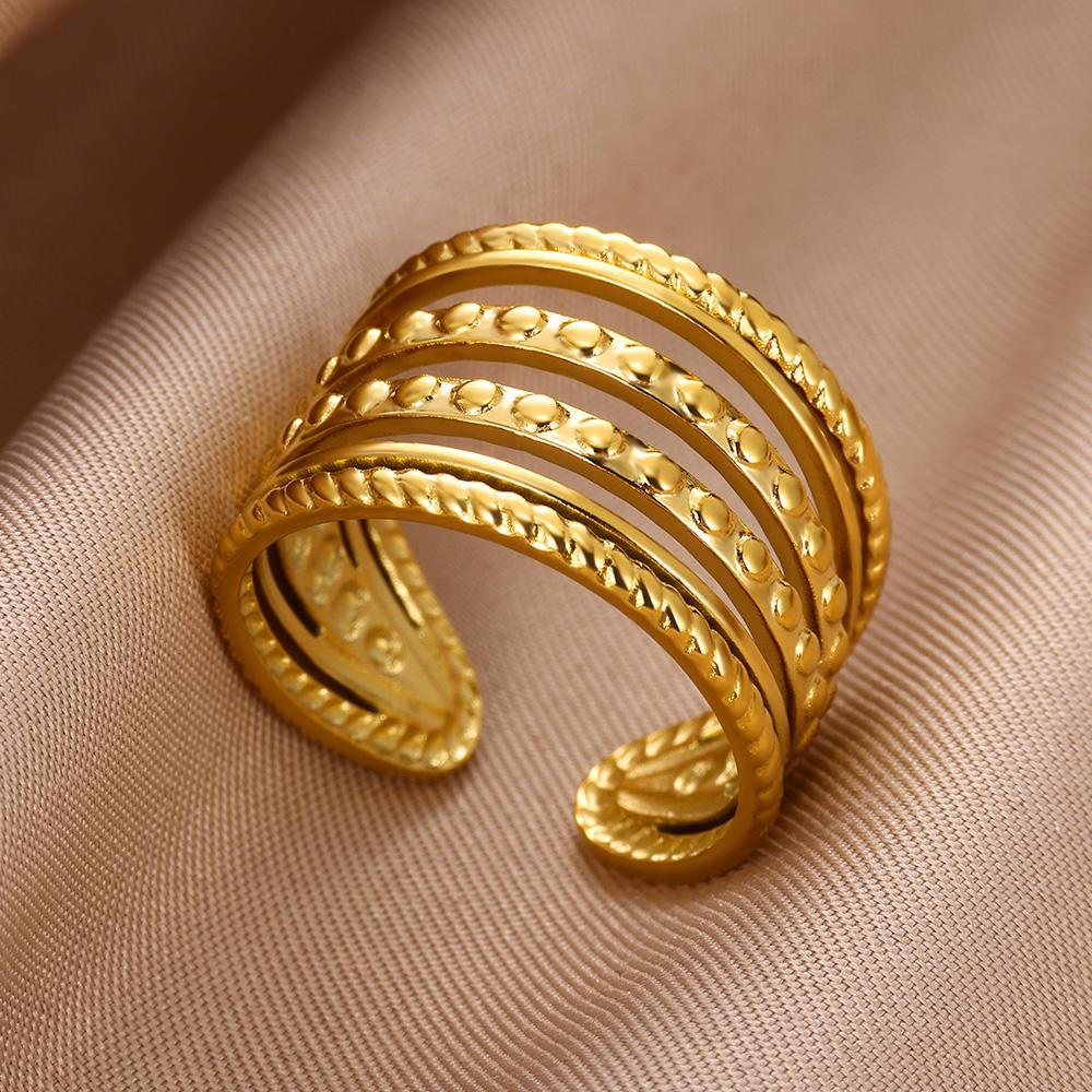 Stainless Steel Multi-Layer Hollow Ring For Women Men Gold Color Broad Finger Ring Jewelry Anillos Couple Wedding Aesthetic Gift