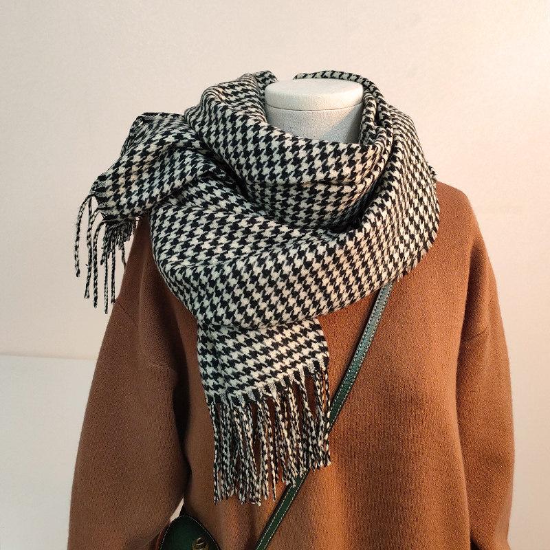 Houndstooth Scarf for Women Winter New Black and White Tassel Korean Version Versatile Warm Student High End Scarf