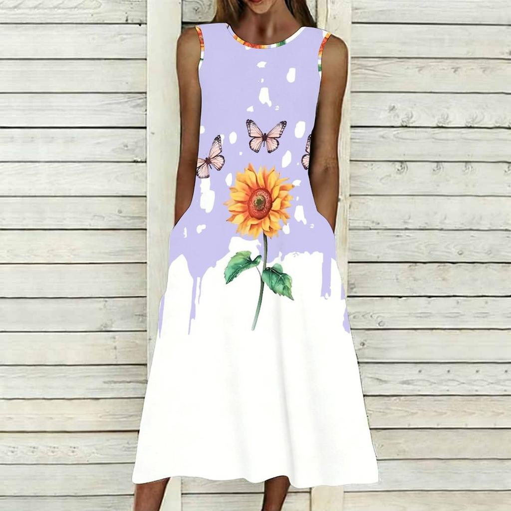 Plus Size Sleeveless Round Neck Dress Retro Tiny Floral Print Flowy Midi Dress