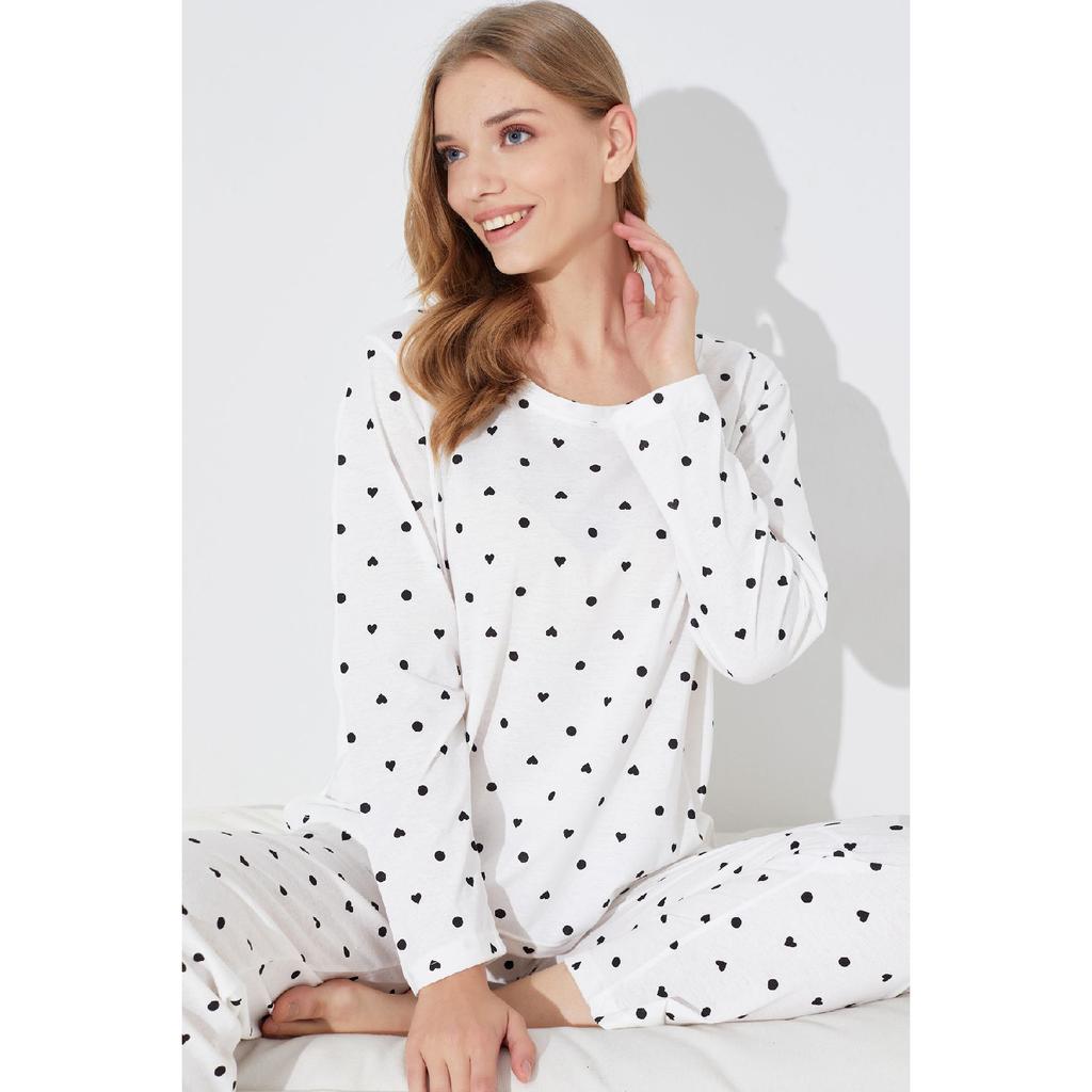 Pink Black Heart And Point Patterned Knitted Pajama Set 7792