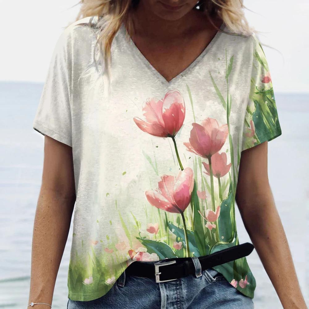 Beautiful Tulip Print 3D Printed Women's Artistic Style V-neck Short Sleeved T-shirt