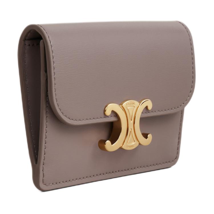 Celine Triomphe Metal Logo Snap Closure Glossy Calfskin Leather Card Holder Women accessories Pebble-Grey 10I583DPV-10BL