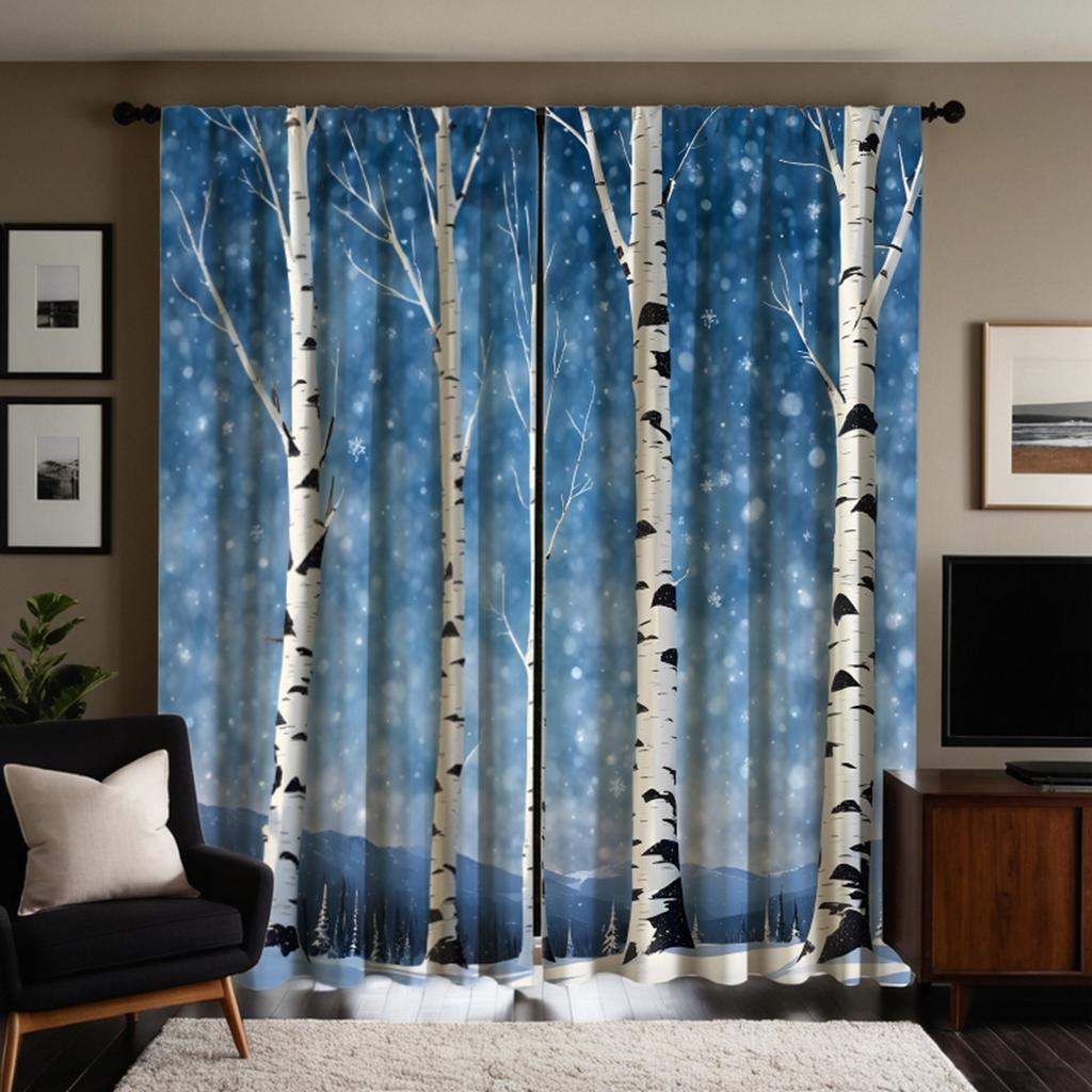 2pcs Set HD Large Natural Poplar Decorative Curtain Blue Tie Digital Printed Curtain Home Decoration Style Decoration Living