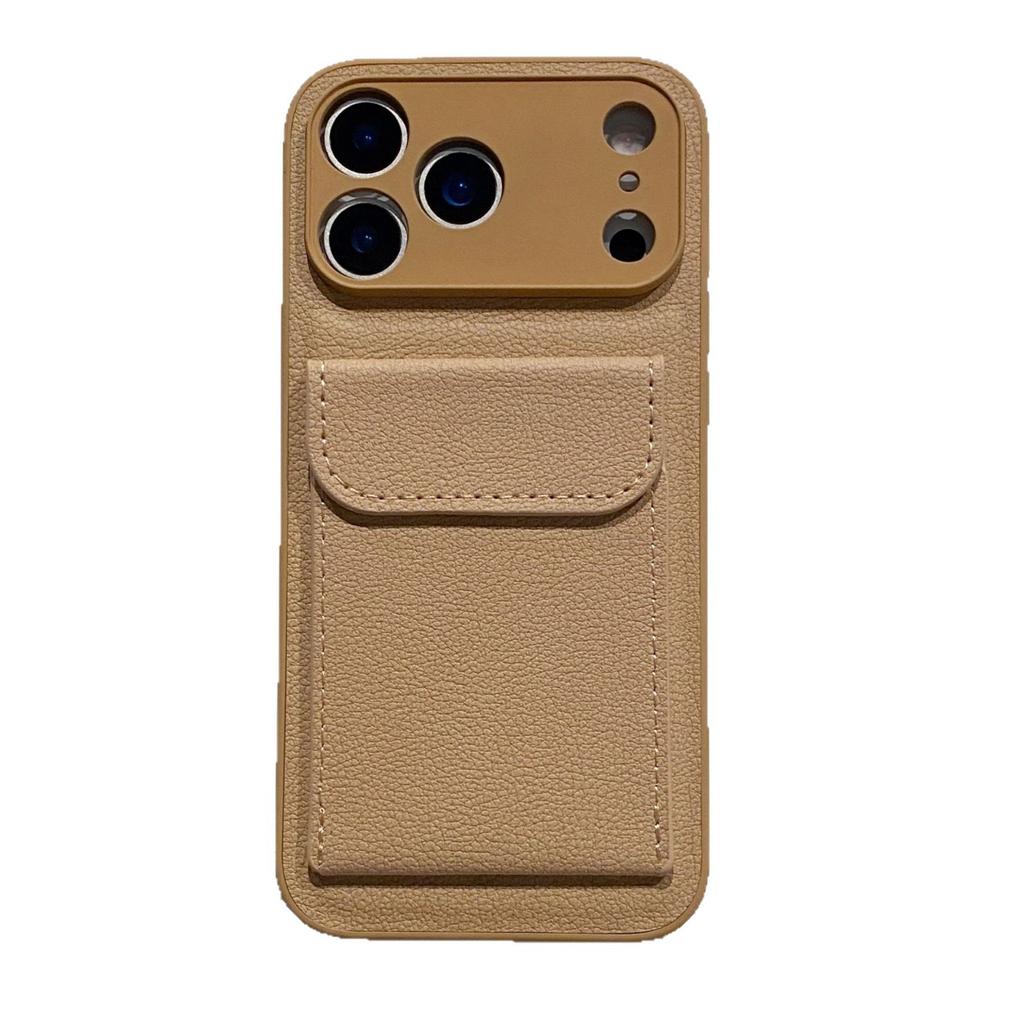 Applicable To iPhone17PROMAX Mobile Phone Case, Plain Leather Lychee Pattern Card Insert Bag Bracket, Apple 16 Anti-drop 15.
