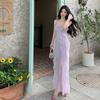 Premium Elegant Fairy Sequin Splicing Suspender Dress Banquet Evening Dress White Purple Dress
