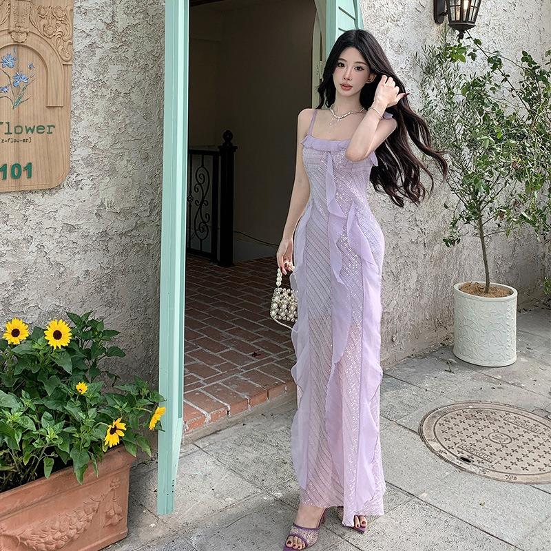 Premium Elegant Fairy Sequin Splicing Suspender Dress Banquet Evening Dress White Purple Dress