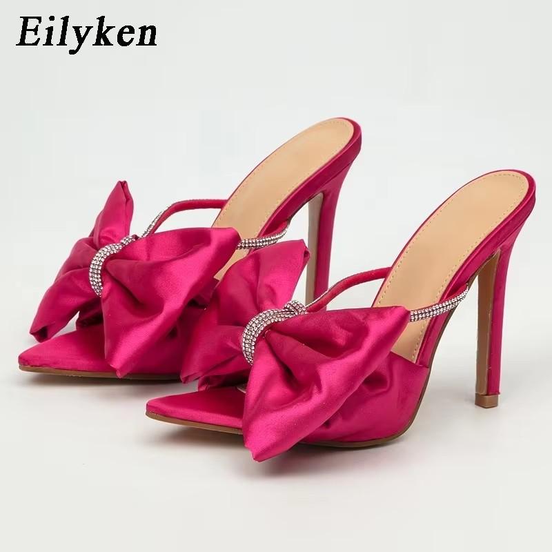 Fashion Eilyken Silk CRYSTAL Butterfly-knot Mule High Heels Slippers Sandals Pointed Toe Strappy Slides Party Women Shoes