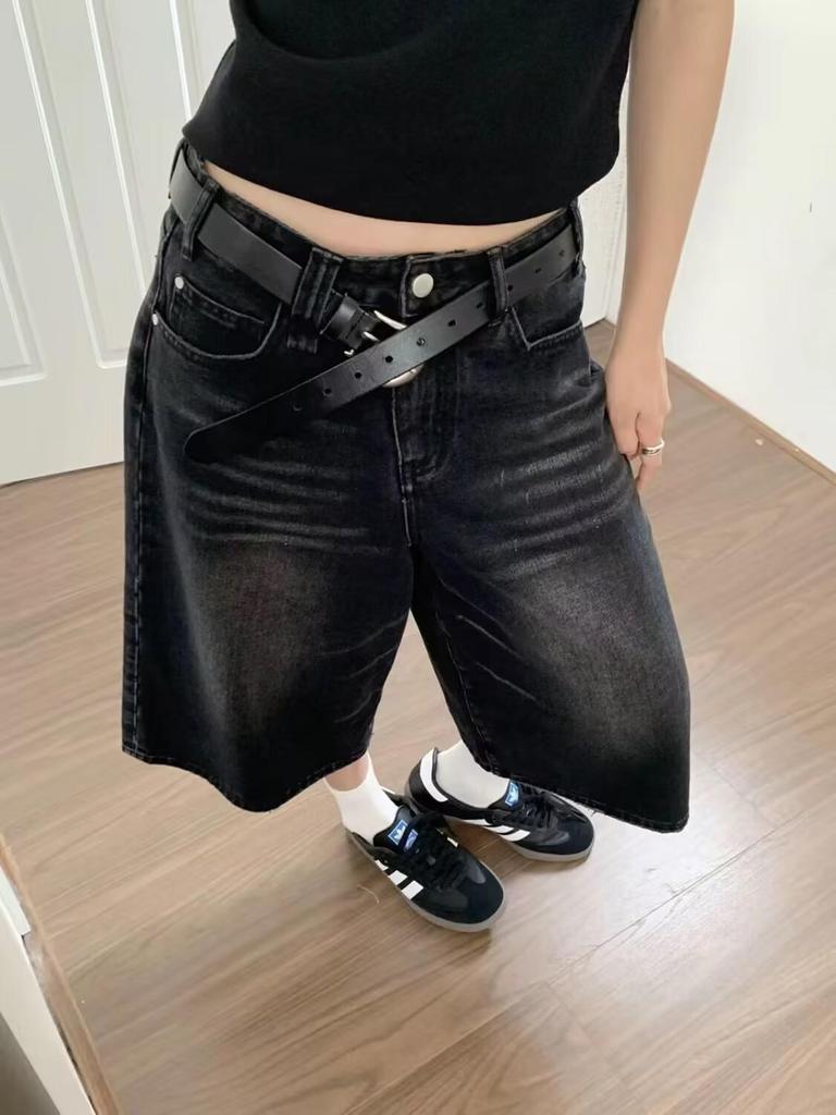 Damen American Style Retro Schwarze Denim Capri-Hosen - Sommer Locker Mittellang Fünf-Punkt Gerade Bein Übergröße Shorts
