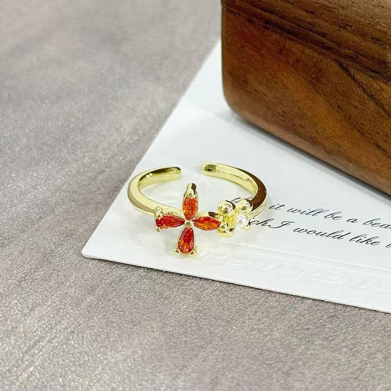 Medieval Vintage Orange Red Zircon Inlaid Simple Open Ring Female Retro Flower Temperament Niche Index Finger Ring