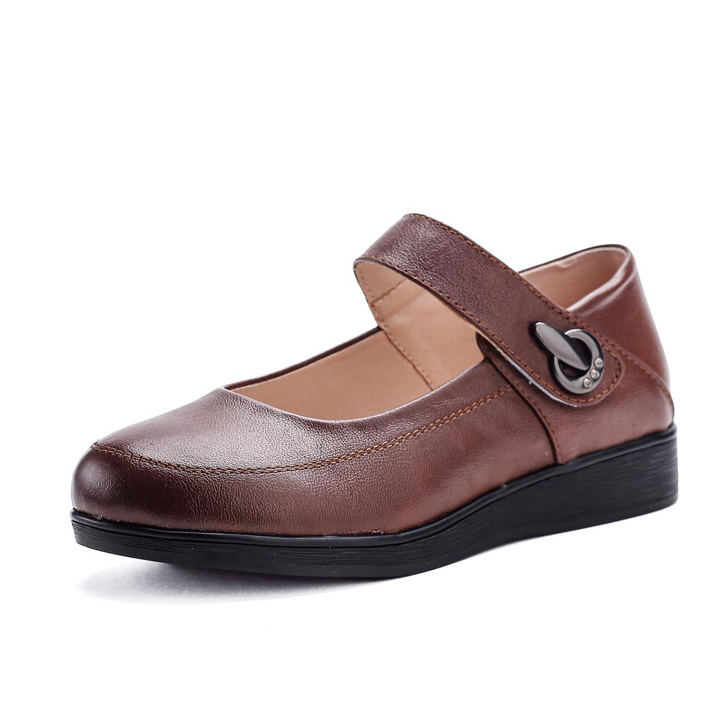 New Spring and Autumn Mother Shoes Single Shoes Round Toe Flat Sole Soft Sole Medium and Old Leather Shoes Non-slip Comfortable Elderly Shoes