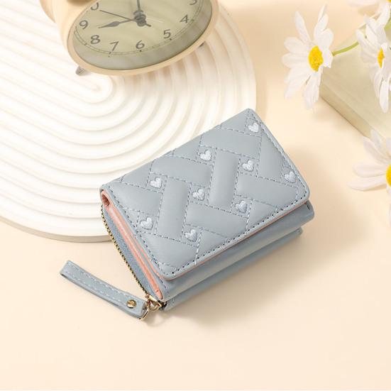 Women Stylish Tri-Fold Wallet Embroidered Heart Cash Wallet Mini Card Holder Wallet with Zippered Coin Pocket for Dating Shopping