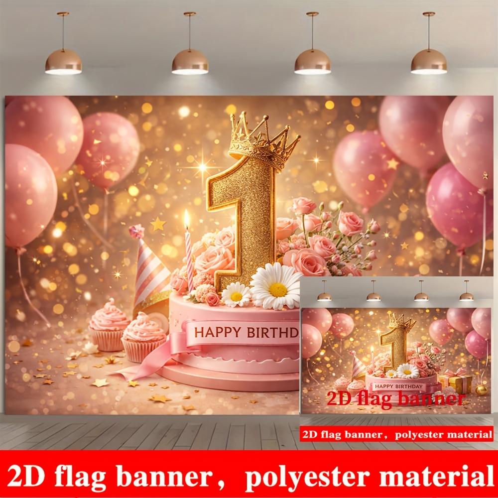 1st Birthday Banner Backdrop Gold Number 1 Crown Pink Balloons Roses Cake