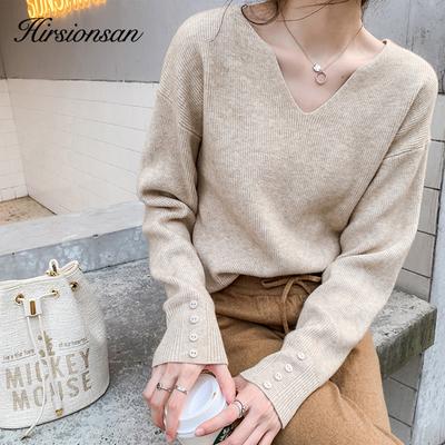 Hirsionsan Loose V-neck Knitted Pullovers Sweater Women Autumn Casual All-match Solid Korean Sweaters Female Elegant Buttons Tops