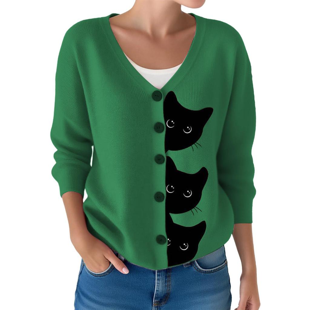 V-Neck 5-Button Printed Cardigan Sweater