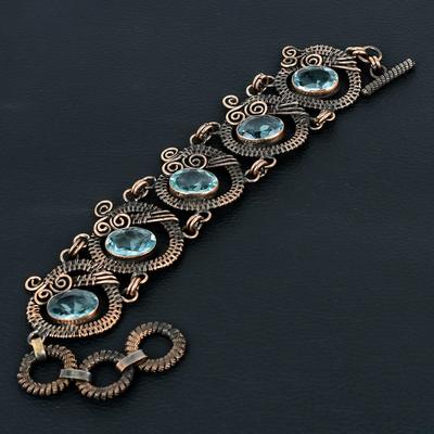 აკვამარინის ძვირფასი ქვა ხელნაკეთი სუფთა სპილენძის მავთულით შეფუთული სამაჯური ქალებისთვის